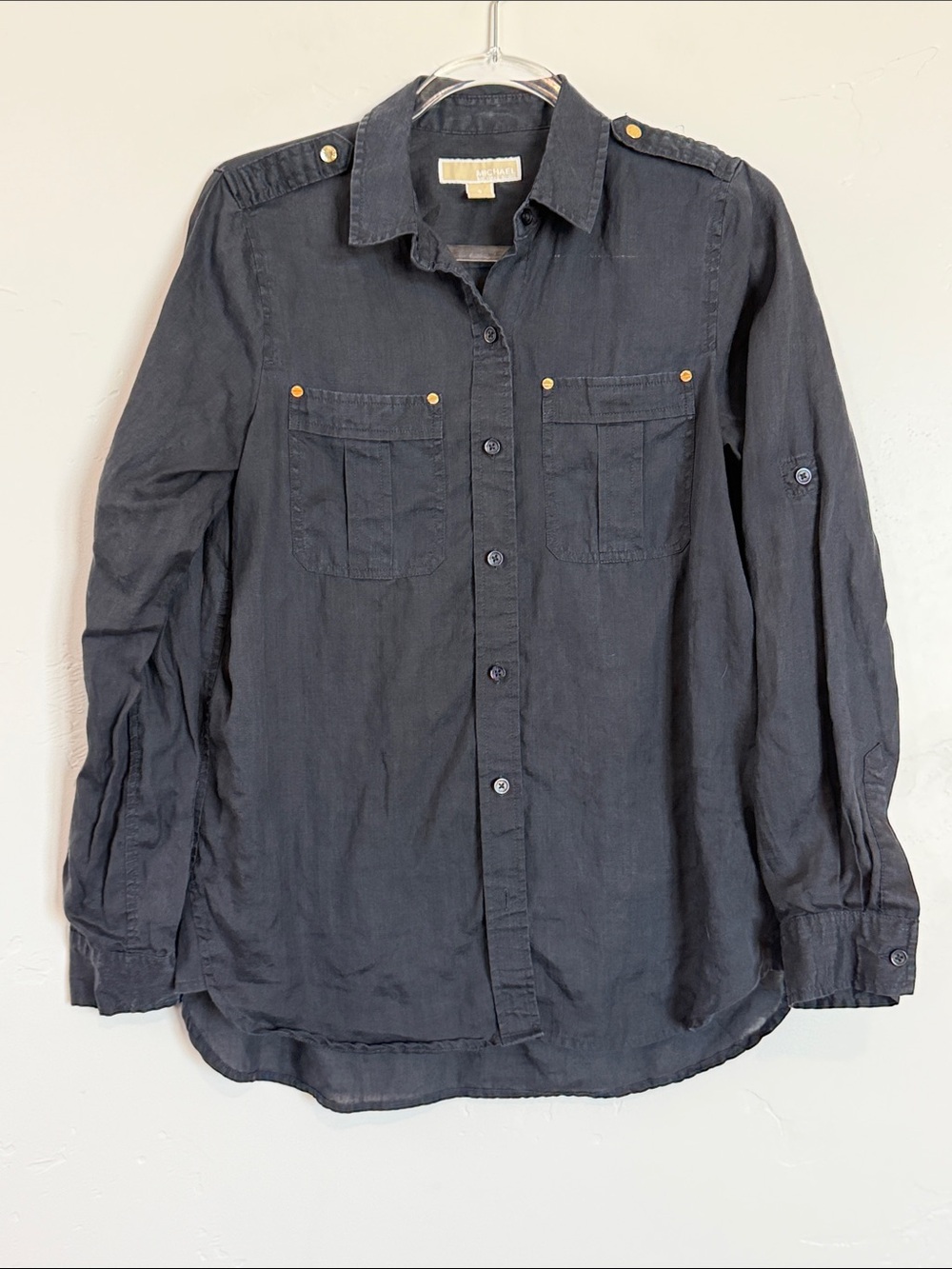 MICHAEL Michael Kors Black Button-Front Utility Shirt with Gold Studs